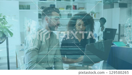 Image of digital infographic interface, dna helix and multiracial coworkers discussing on laptop 129580265