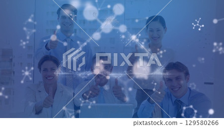 Image of moving shapes over diverse business people in office 129580266