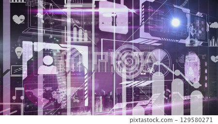Image of interface with multiple charts, padlock, programming language and computer icons Image of interface with multiple charts, padlock, programming language and computer icons 129580271