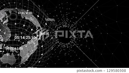 Image of globe with connections and coordinates over black digital space Image of globe with connections and coordinates over black digital space 129580308