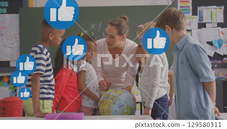 Pointing teacher teaching geography to children with globe at classroom table, with thumbs-up icons Pointing teacher teaching geography to children with globe at classroom table, with thumbs-up icons 129580311