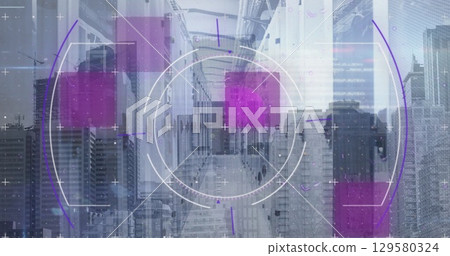 Image of data processing over cityscape and computer servers 129580324