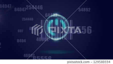 Image of circle with power button over digital screen with financial data 129580334