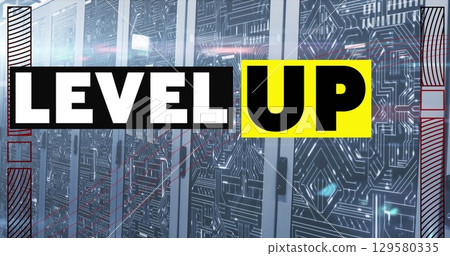 Image of level up text in white and black over computer server room Image of level up text in white and black over computer server room 129580335