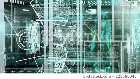 Image of scope scanning and data processing over tech room with computer servers Image of scope scanning and data processing over tech room with computer servers 129580343