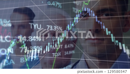 Image of financial graphs and data over caucasian male doctors looking at camera 129580347