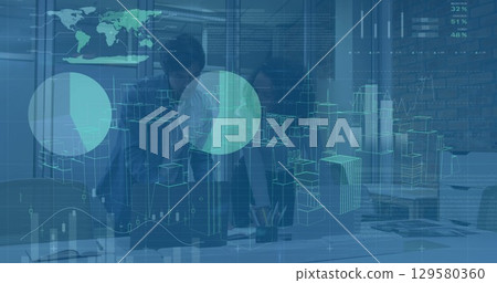 Image of data processing and digital city over diverse business people at office 129580360