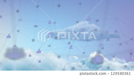 Image of network of digital icons against clouds in the blue sky 129580361