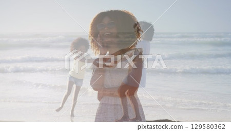 Digital composite image of caucasian female athlete running against sports field 129580362