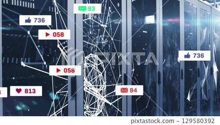 Image of social media icons and numbers and network of connections over computer servers 129580392