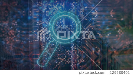 Image of security awareness text over reading glass and server room 129580401