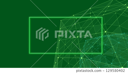 Floating neon green rectangular frame hovering in virtual green field, with network lines and nodes Floating neon green rectangular frame hovering in virtual green field, with network lines and nodes 129580402