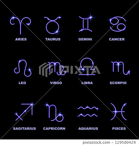 Set of zodiac signs with blue neon effect and inscription. Set of zodiac signs with blue neon effect and inscription. 129580429