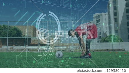 Image of scope scanning and data processing over football player with prosthetic leg Image of scope scanning and data processing over football player with prosthetic leg 129580430