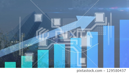 Image of statistical data processing over tall buildings against blue sky Image of statistical data processing over tall buildings against blue sky 129580437