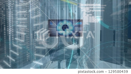 Image of scope scanning and data processing over diverse business people in server room 129580439