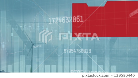 Image of statistical data processing over spinning windmill against blue sky Image of statistical data processing over spinning windmill against blue sky 129580440