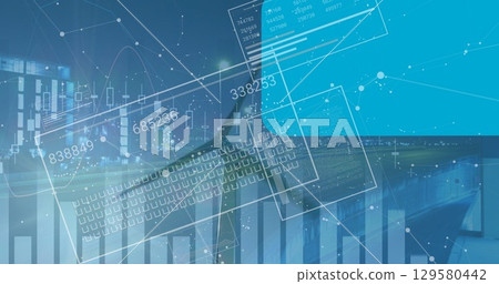 Image of financial data processing and statistics over wind turbine Image of financial data processing and statistics over wind turbine 129580442