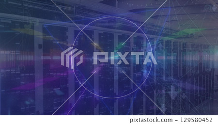 Standing central server racks with blinking LEDs, cable trays and digital overlays in data center Standing central server racks with blinking LEDs, cable trays and digital overlays in data center 129580452