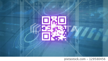 Neon pink QR code floating in server room with glass door cabinets, code overlays, waveforms Neon pink QR code floating in server room with glass door cabinets, code overlays, waveforms 129580456