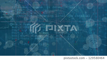 Image of network of communication icons and data processing on blue background Image of network of communication icons and data processing on blue background 129580464