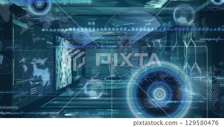 Image of robotic arm over data processing on black background Image of robotic arm over data processing on black background 129580476