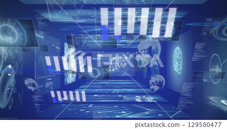 Image of financial data processing over business people walking in office Image of financial data processing over business people walking in office 129580477