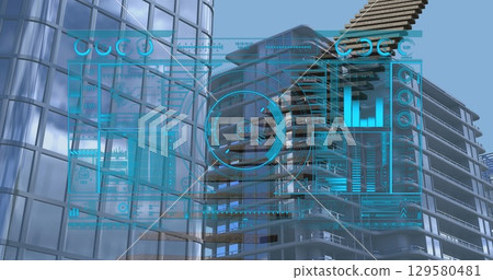 Image of interface with data processing over staircase icon against tall buildings 129580481