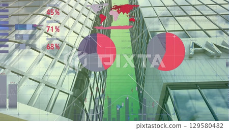 Image of statistical data processing against tall buildings 129580482