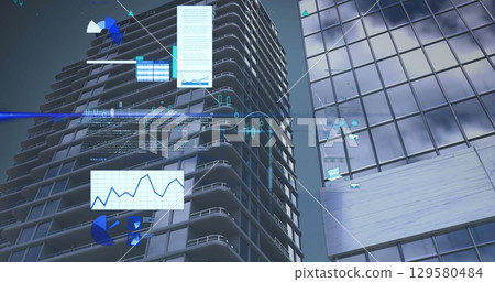 Image of statistical data processing against tall buildings 129580484