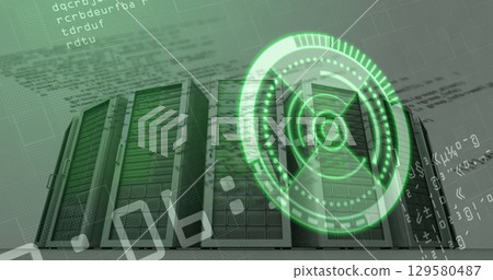 Showing four perforated server racks streaming code in data center, with green holographic overlay 129580487