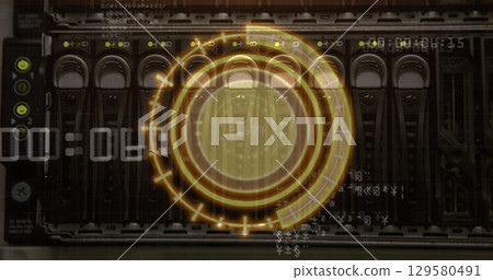 Displaying server array with hard drive bays in server rack, with LED lights and HUD countdown 129580491