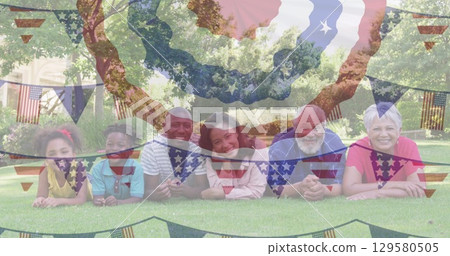 Image of flag of usa over african american family in garden Image of flag of usa over african american family in garden 129580505