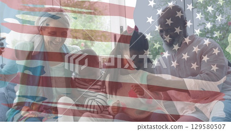 Image of flag of usa over african american family 129580507