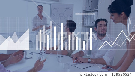 Image of data processing over caucasian business people in office 129580524