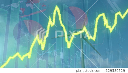 Image of financial data processing with graph over wind turbine 129580529