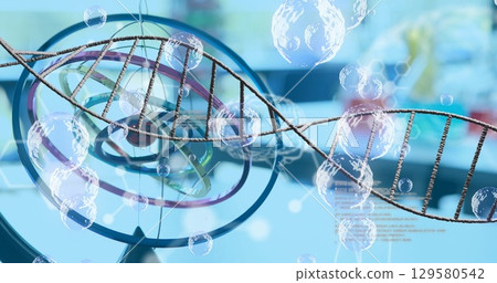 Image of dna strand and bubbles over lab 129580542