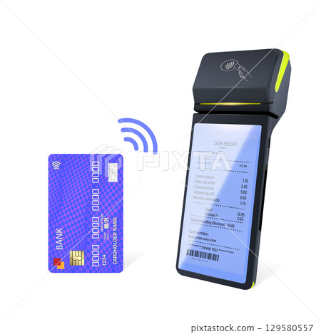 Realistic Blue Wi-Fi Payment Machine and Credit Card POS Terminal Design Template Bank Payment Terminal Mockup. Realistic Blue Wi-Fi Payment Machine and Credit Card POS Terminal Design Template Bank Payment Terminal Mockup. 129580557
