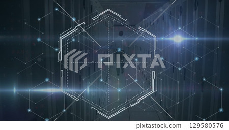 Image of moving shapes and caucasian male worker over server room 129580576