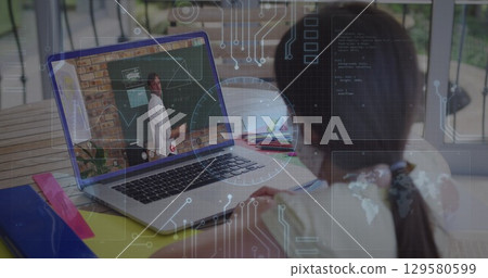 Image of round scanner and microprocessor connections against girl having a image call on laptop 129580599