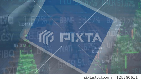 Image of stock market data processing against close up of a person holding digital tablet 129580611
