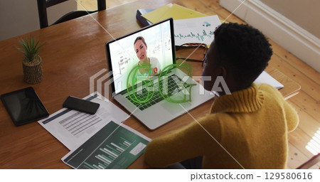 Image of 6g text banner over african american woman having a image call on laptop at home 129580616