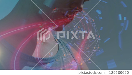Featuring male wearing sleeveless shirt in digital lab, with holographic data network, copy space 129580630