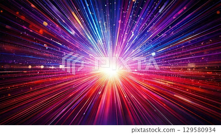 Magical sparkling space-style sunburst in blue-purple, pink, and red. Futuristic background material. 16:9 size. 129580934