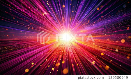 Magical sparkling space-style sunburst in blue-purple, pink, and red. Futuristic background material. 16:9 size. 129580949
