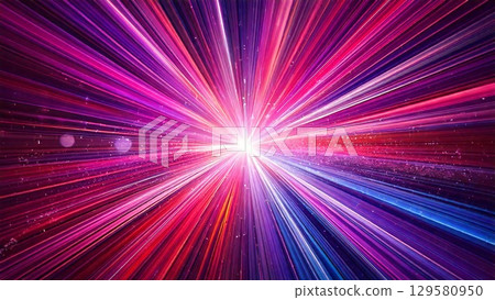 Magical sparkling space-style sunburst in blue-purple, pink, and red. Futuristic background material. 16:9 size. 129580950