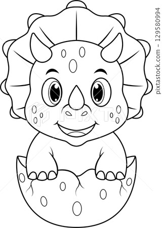 Cartoon baby triceratops hatching from egg line art 129580994
