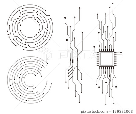 Circuit board circle line dots connection. Motherboard electronic technology data, electrical board, cpu. Innovative Electronic Network. Technology background, design elements  129581008