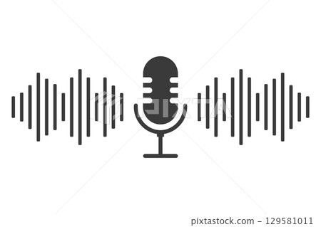 Podcast icon audio voice record, music wave. Microphone symbol, talk, speech. Voice record button or audio call. Retro simple icon. 129581011