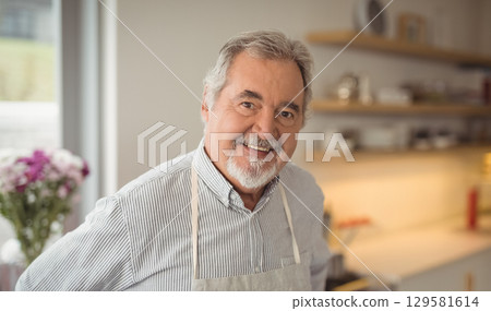 Senior man wearing striped shirt and apron smiling while standing in home kitchen with flowers Senior man wearing striped shirt and apron smiling while standing in home kitchen with flowers 129581614
